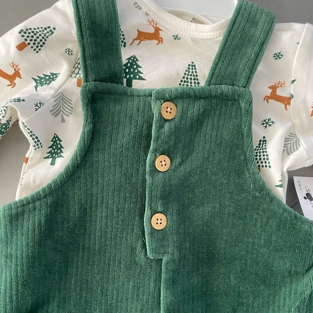 Focus Infants Holiday Cheer Velour Green Overall Set NWT Size 6M